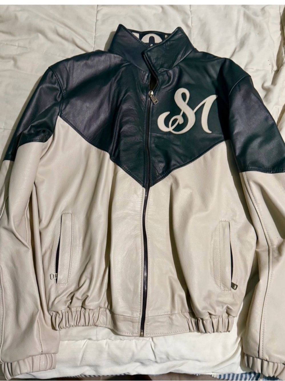 Men's Two-Tone Leather Jacket with Contrast// Varsity Style// Dark Green/ Cream